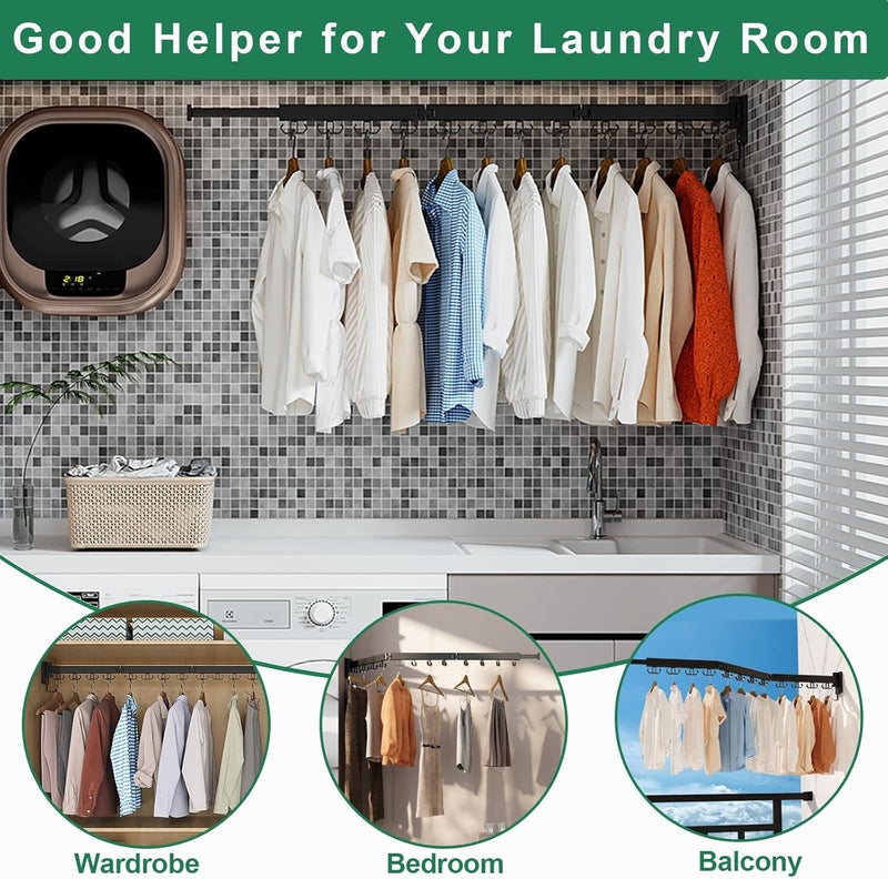 Kelisiting Wall Mount Clothes Drying Rack, Wall Mounted Drying Rack, Upgraded 3-Fold & Sturdy Laundry Drying Rack with 12 Dual-Side Hooks Space Saver for Laundry Room, Apartment, Dorms - Black - Image 4